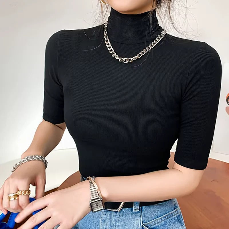 Dames Top Mock Neck Ribbelstof Katoenmix 4