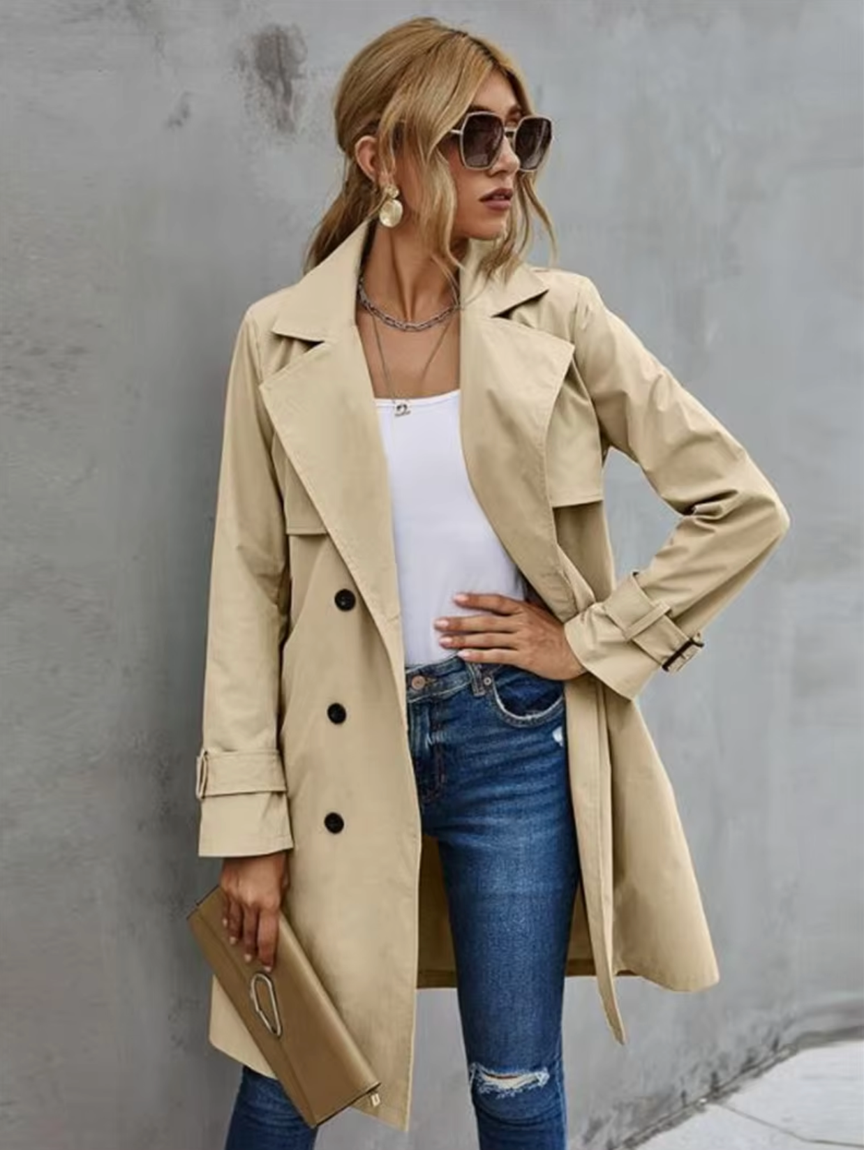 Dames Trenchcoat met Dubbelgeknoopte Voorkant 1