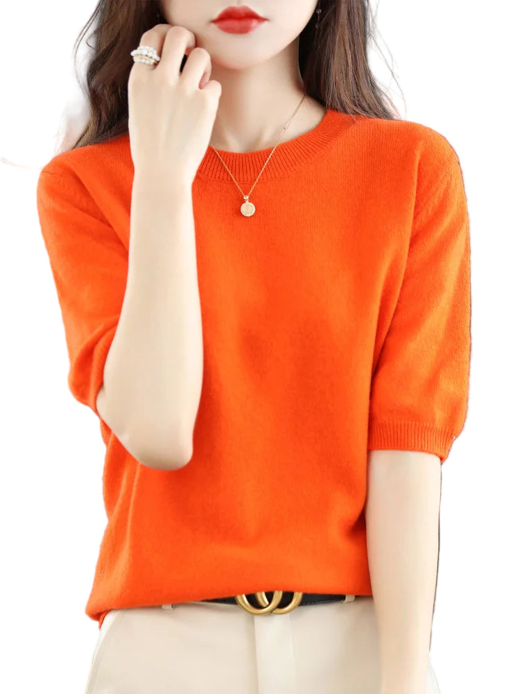 Dames Trui Korte Mouw O-Hals 100% Merino Wol 3