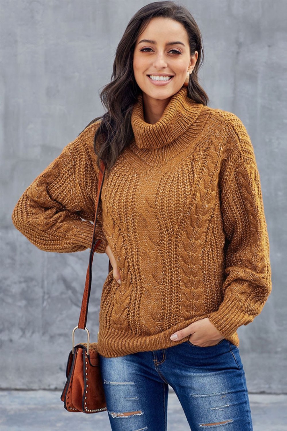 Dames Trui Oversized Kabelbrei Turtleneck 3