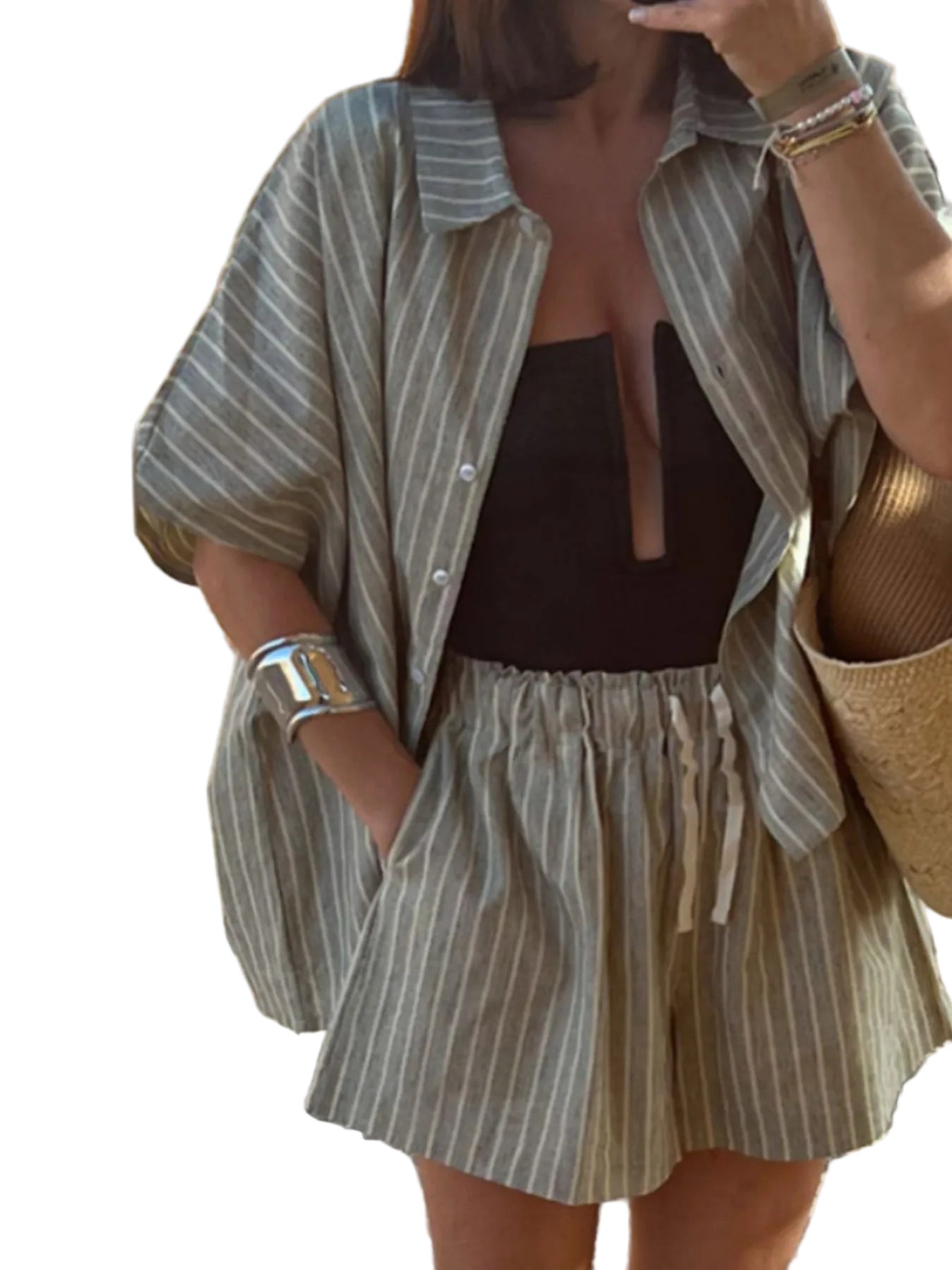 Dames Tweedelige Set Gestreept Linnen Shirt en Shorts 0
