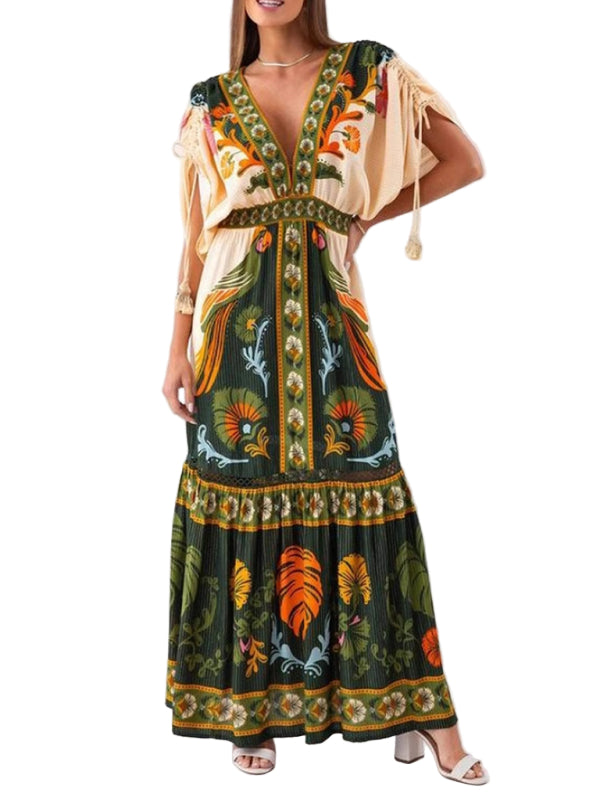 Dames V-hals Jurk Etnische Stijl Geweven Linnen voor Zomer Kleding 0