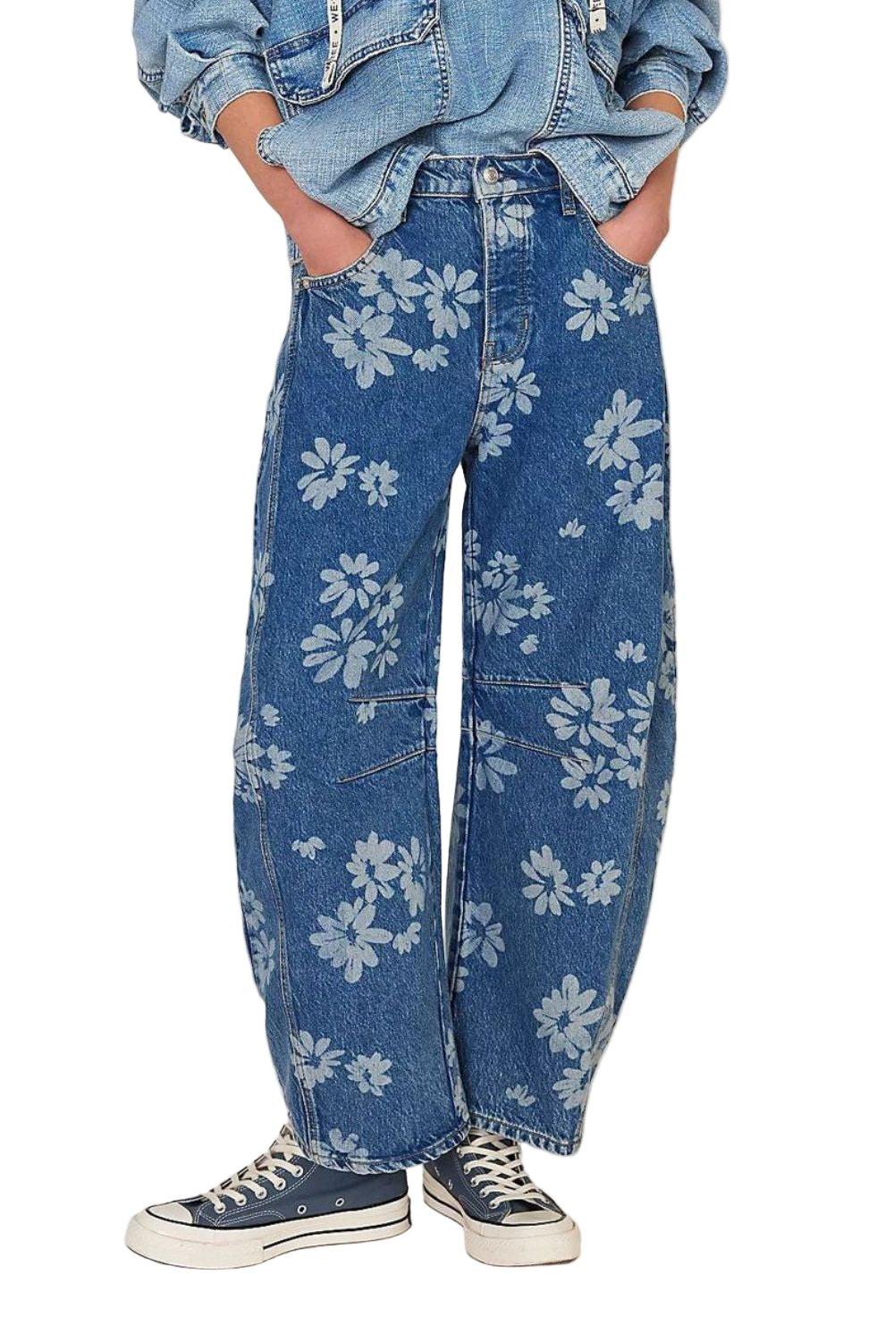 Dames Wijde Jeans Bloemenprint 95% Rayon, Casual Flared Broek 0