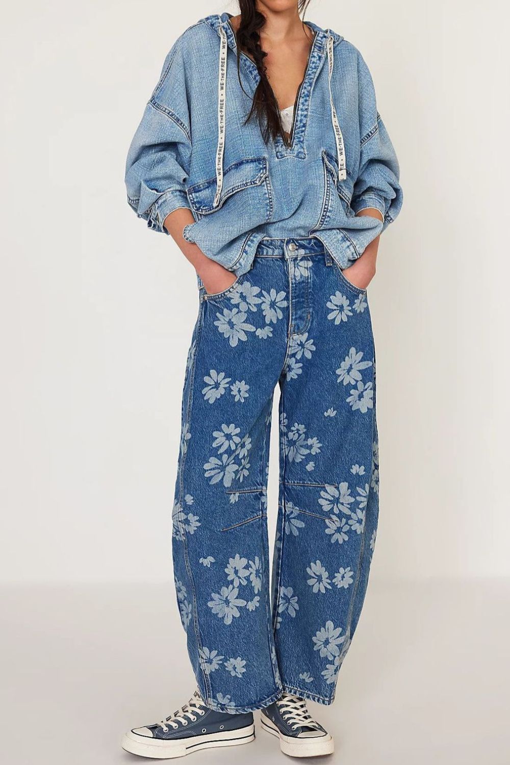 Dames Wijde Jeans Bloemenprint 95% Rayon, Casual Flared Broek 1