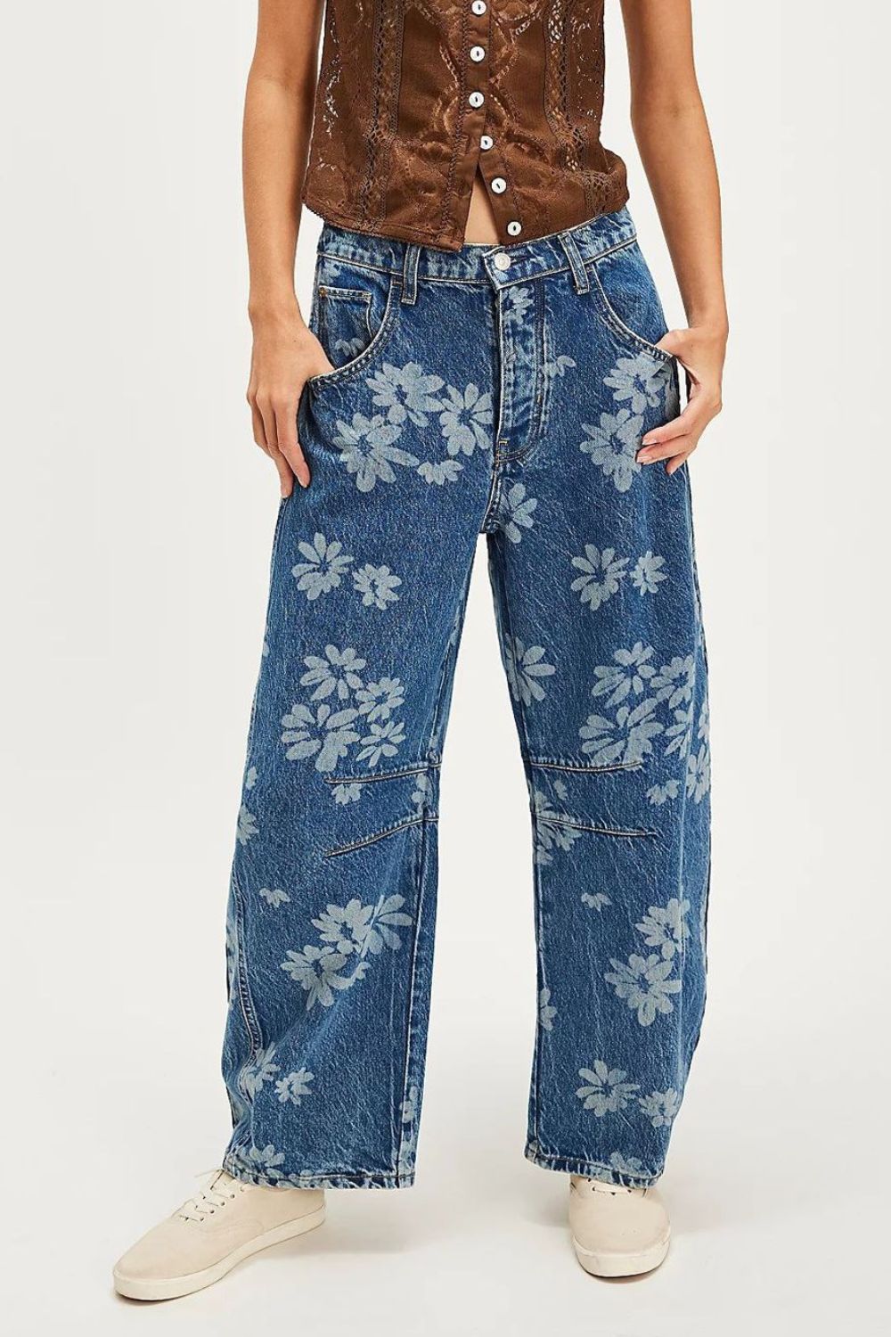 Dames Wijde Jeans Bloemenprint 95% Rayon, Casual Flared Broek 4