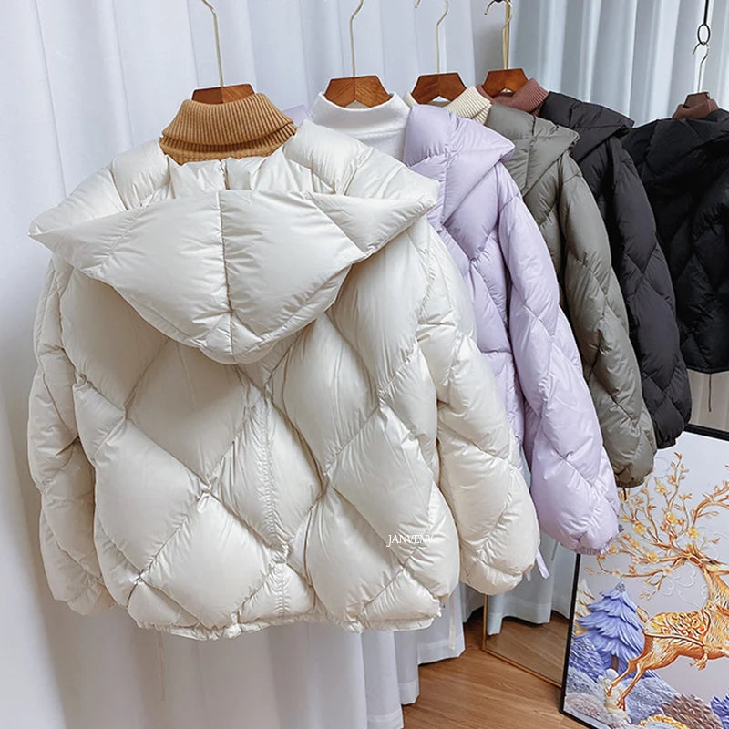 Dames Winterjas Korte Cocoon Met Capuchon Diamond Puffer 1