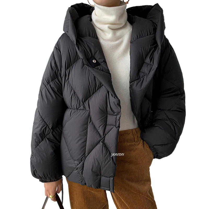 Dames Winterjas Korte Cocoon Met Capuchon Diamond Puffer 3