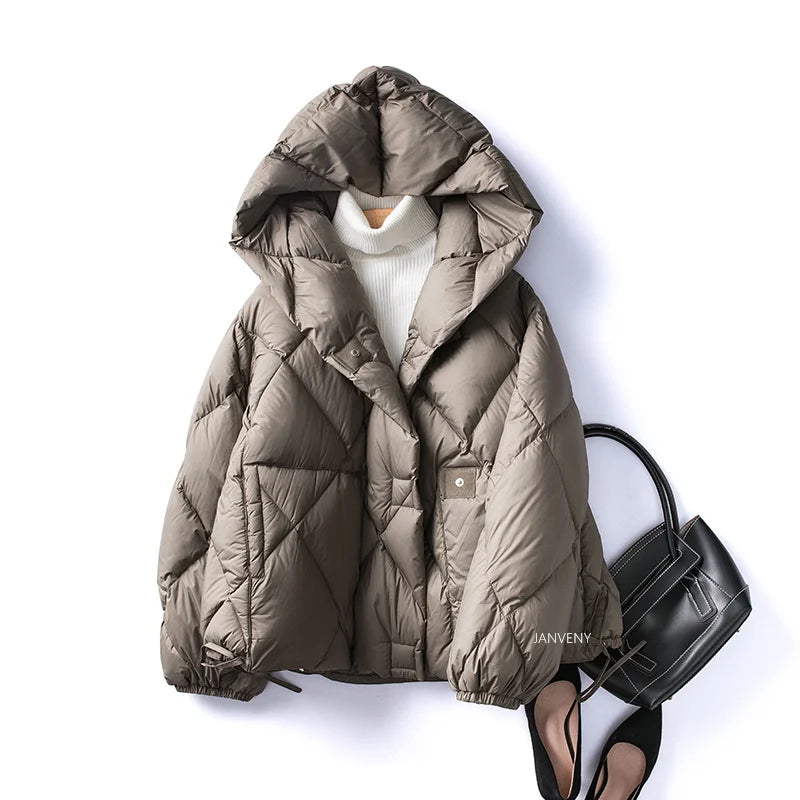 Dames Winterjas Korte Cocoon Met Capuchon Diamond Puffer 6