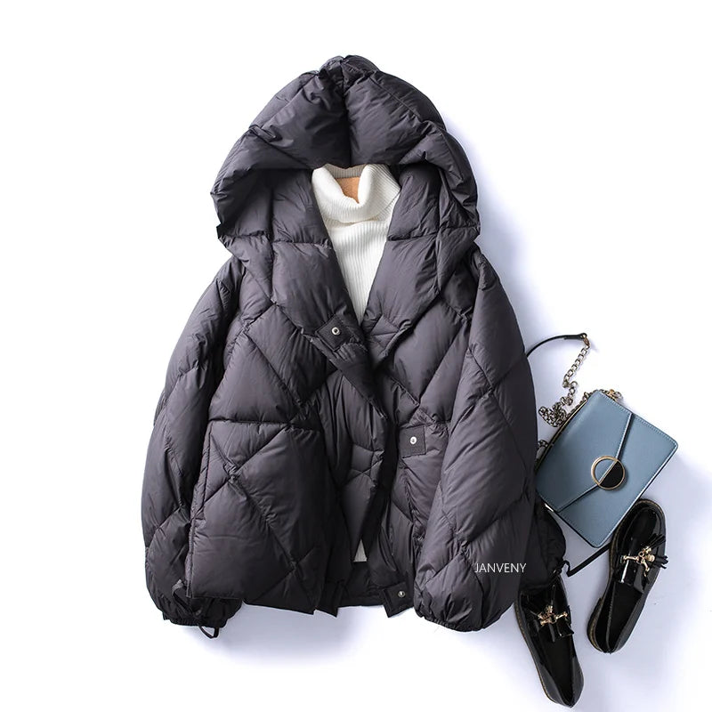 Dames Winterjas Korte Cocoon Met Capuchon Diamond Puffer 7