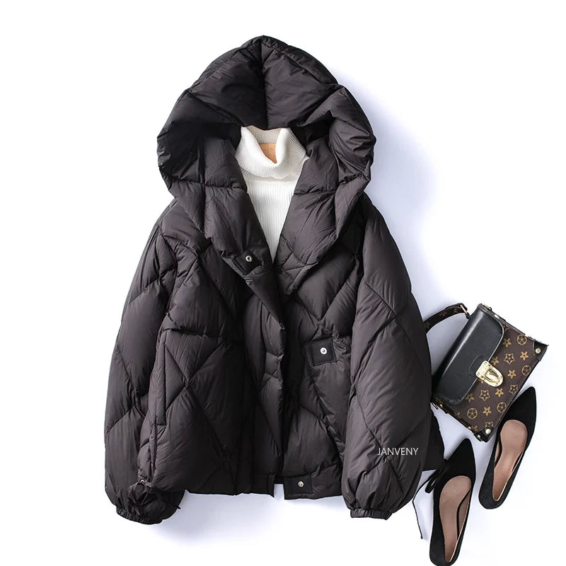 Dames Winterjas Korte Cocoon Met Capuchon Diamond Puffer 8