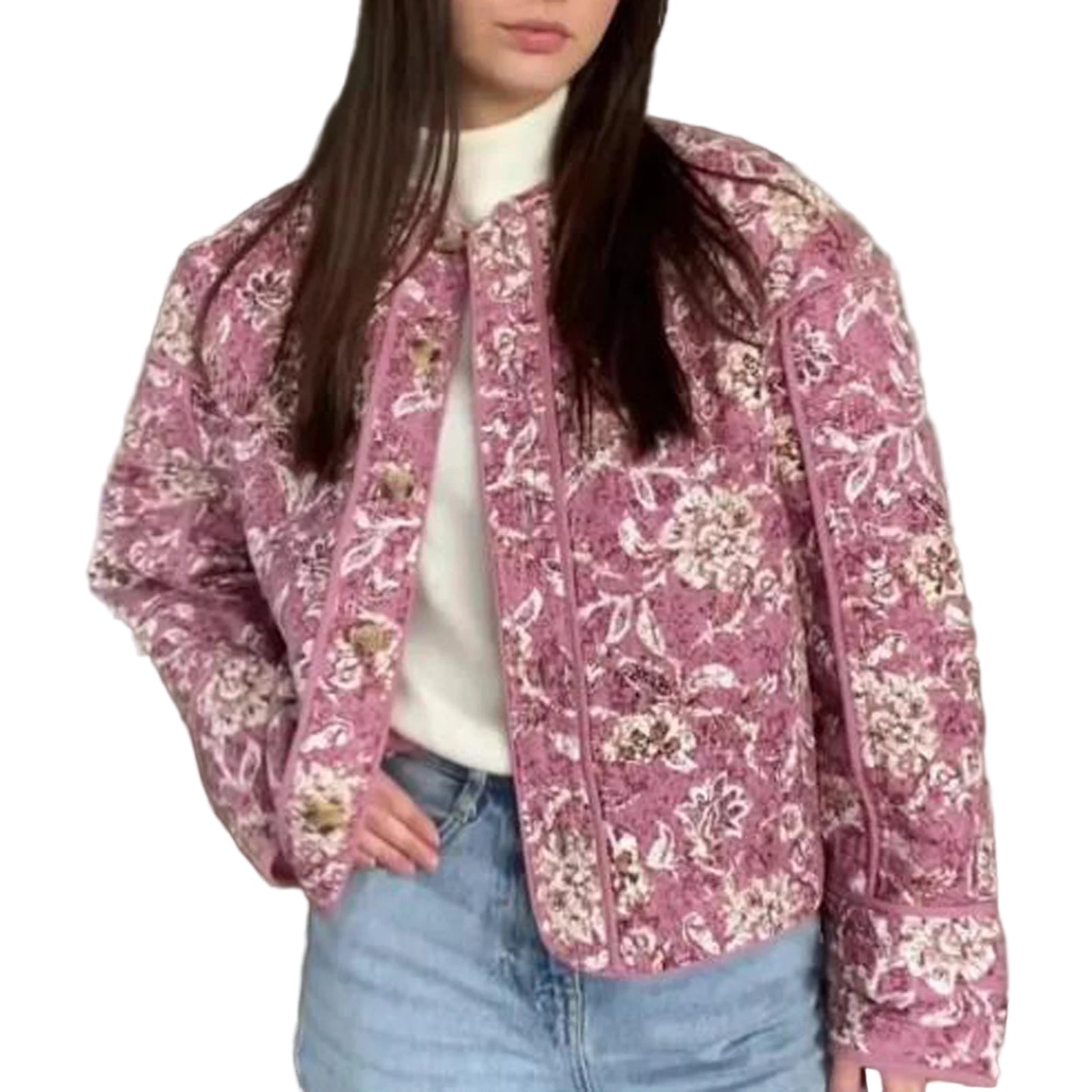 Damesjas Winter Gewatteerd Cropped met Bloemenprint 0