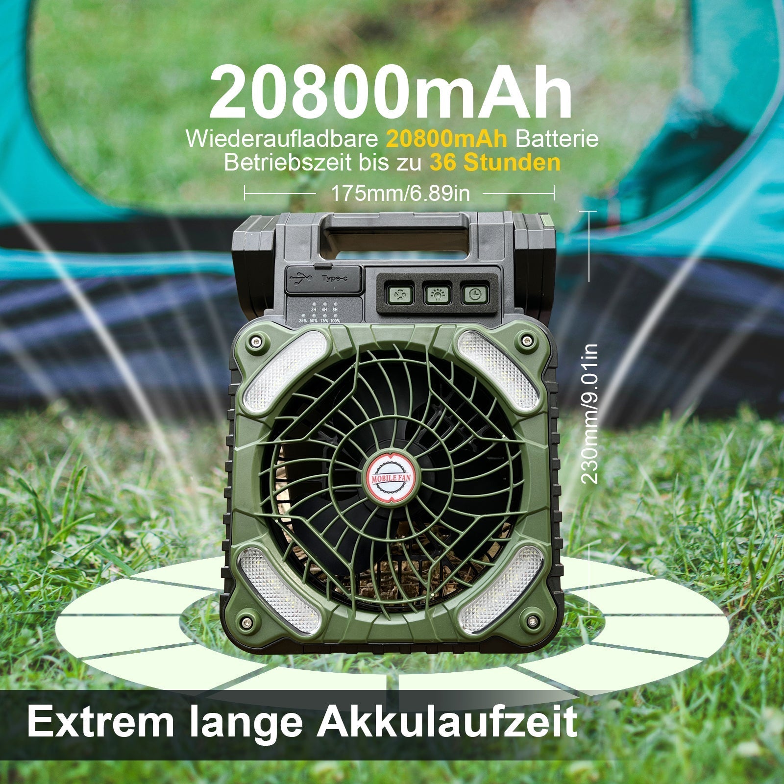 Draagbare Campingventilator met LED-verlichting 6