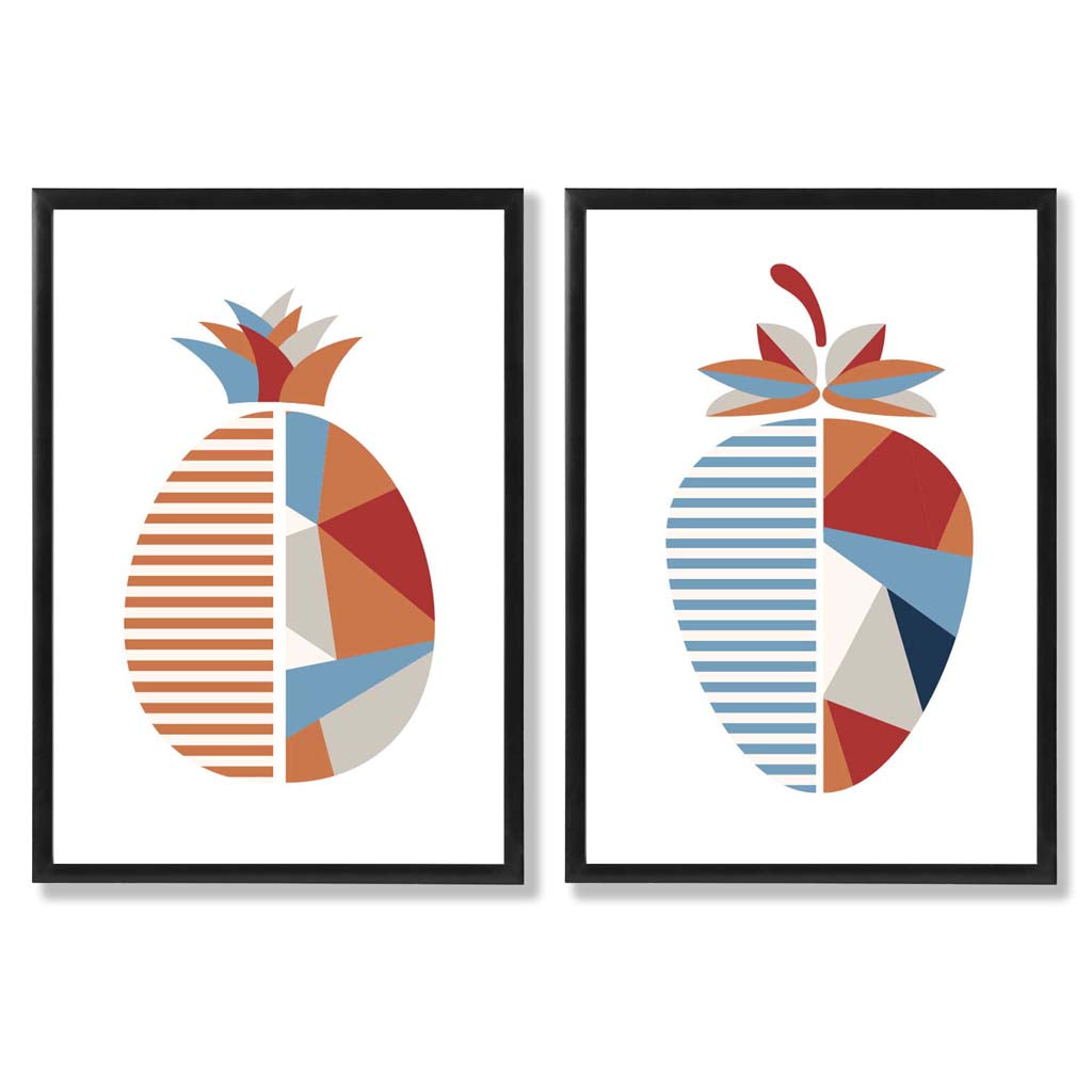 Geometrische Kunstafdrukken Set van 2 met Aardbeien en Ananas 0