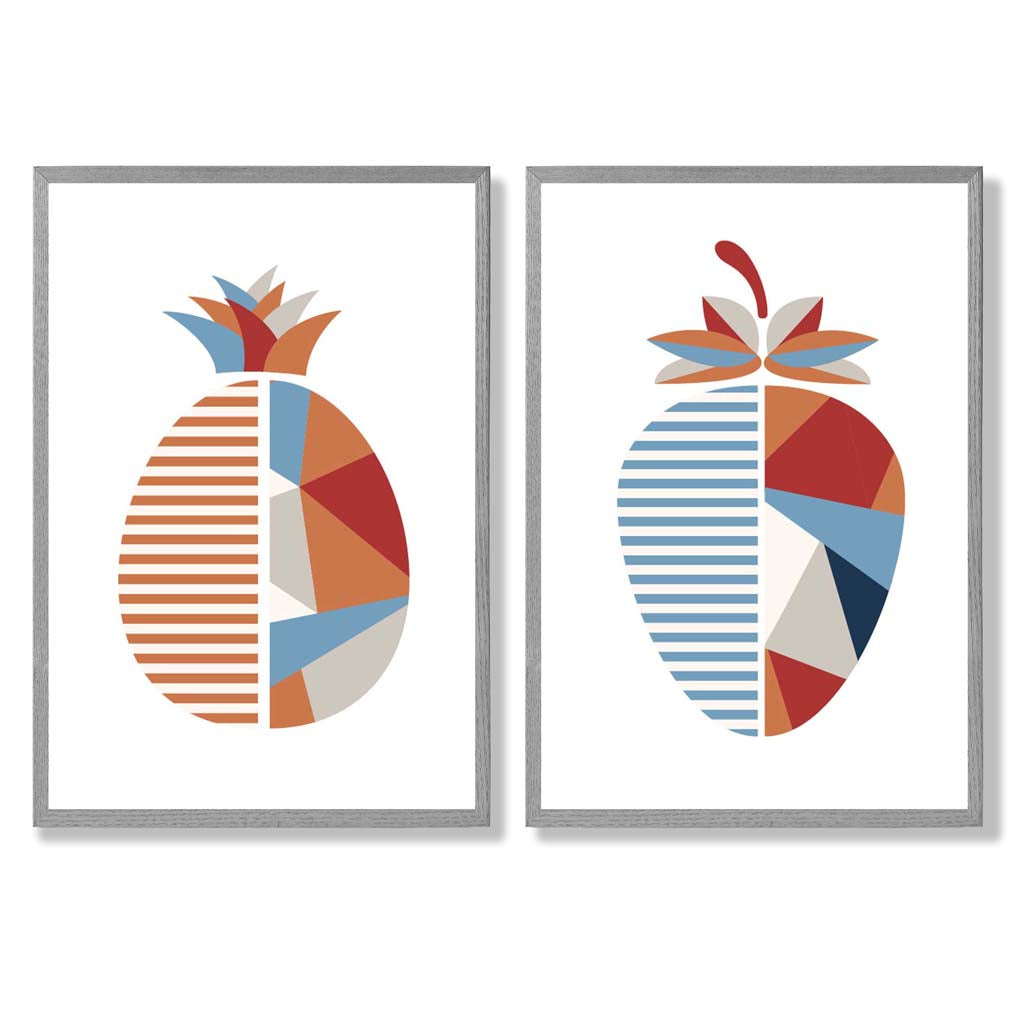 Geometrische Kunstafdrukken Set van 2 met Aardbeien en Ananas 5