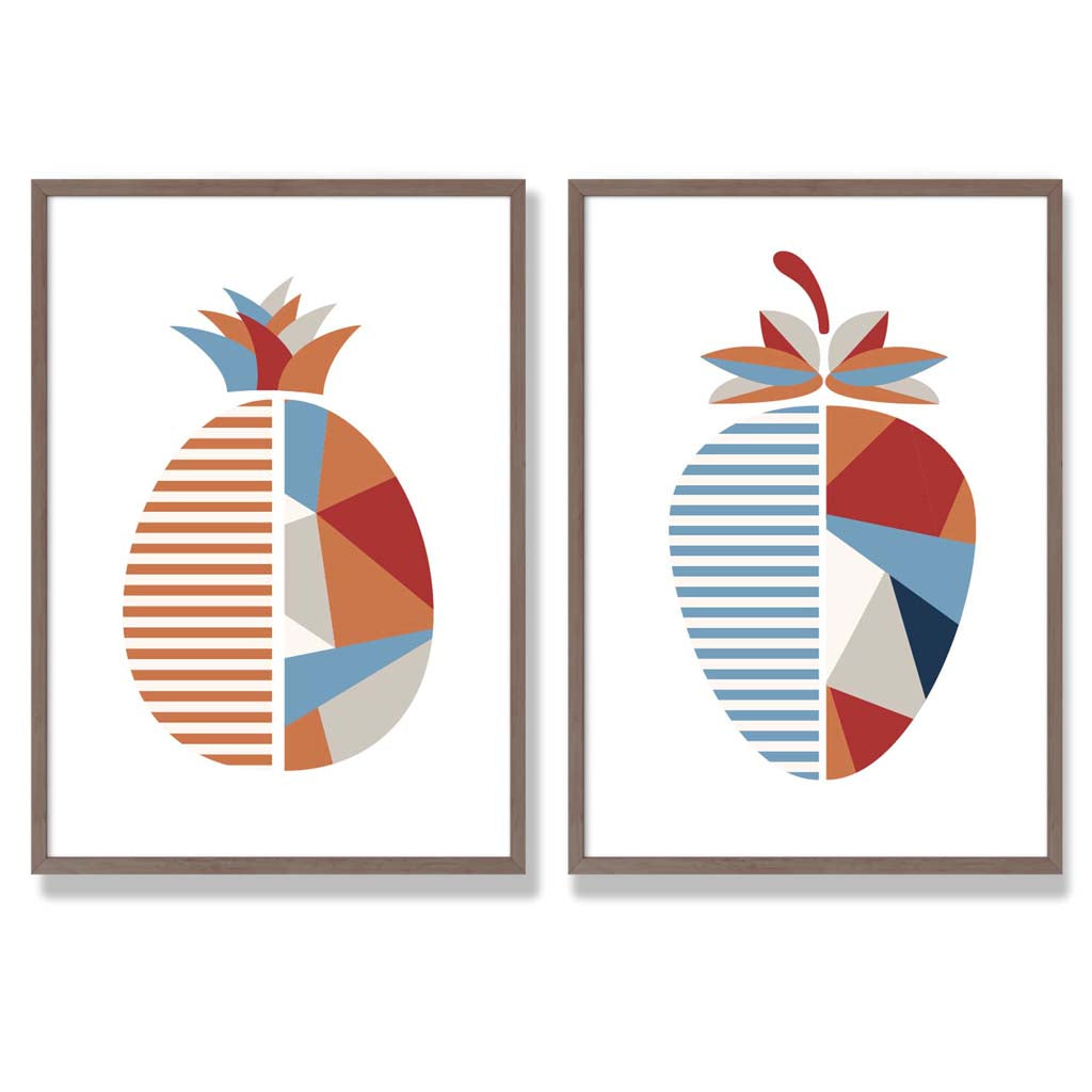 Geometrische Kunstafdrukken Set van 2 met Aardbeien en Ananas 7