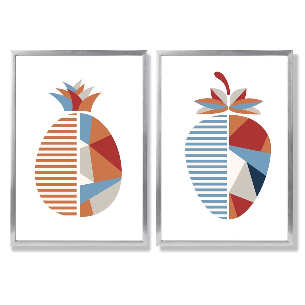 Geometrische Kunstafdrukken Set van 2 met Aardbeien en Ananas 9