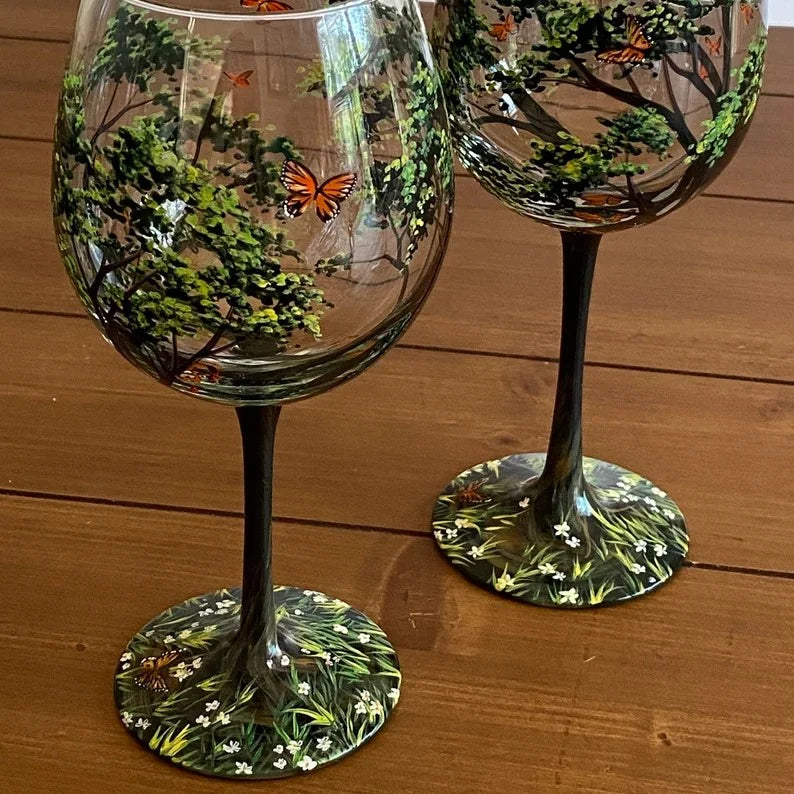 Handgeschilderde Wijnglazen met Seizoenen Boom Design Uniek Kunstwerk 0
