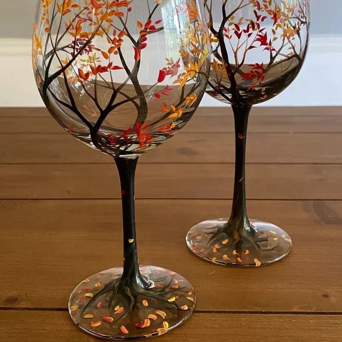Handgeschilderde Wijnglazen met Seizoenen Boom Design Uniek Kunstwerk 11