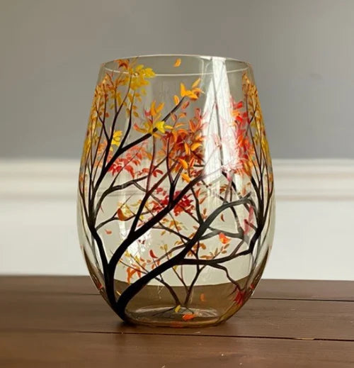 Handgeschilderde Wijnglazen met Seizoenen Boom Design Uniek Kunstwerk 12