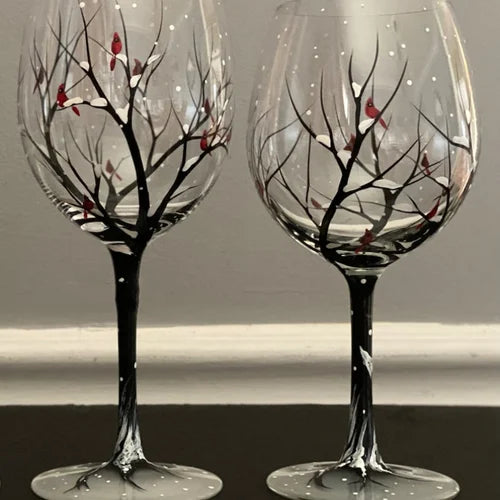 Handgeschilderde Wijnglazen met Seizoenen Boom Design Uniek Kunstwerk 2