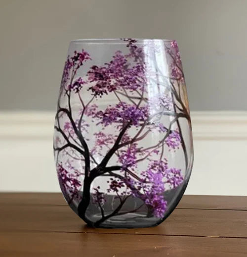 Handgeschilderde Wijnglazen met Seizoenen Boom Design Uniek Kunstwerk 4