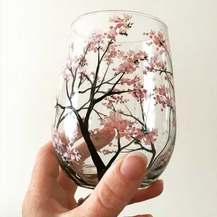 Handgeschilderde Wijnglazen met Seizoenen Boom Design Uniek Kunstwerk 7