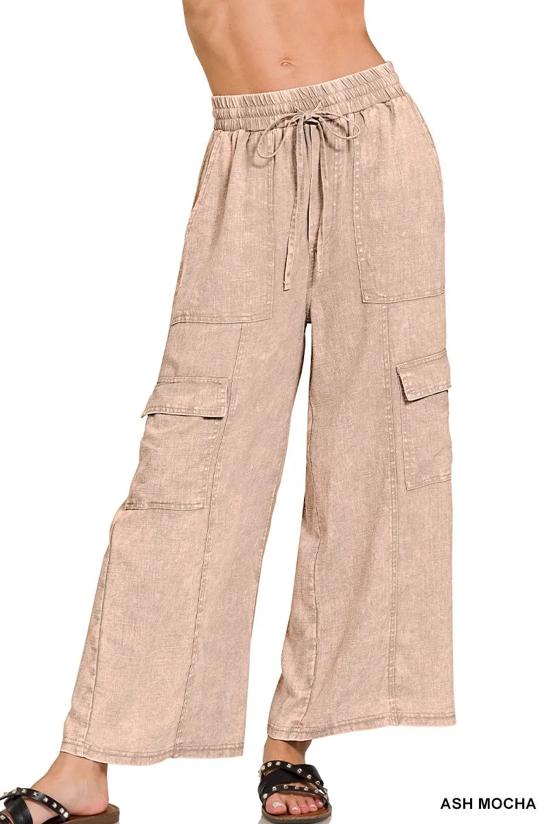Heren Cargo Broek Gewassen Linnen met Elastische Tailleband 0