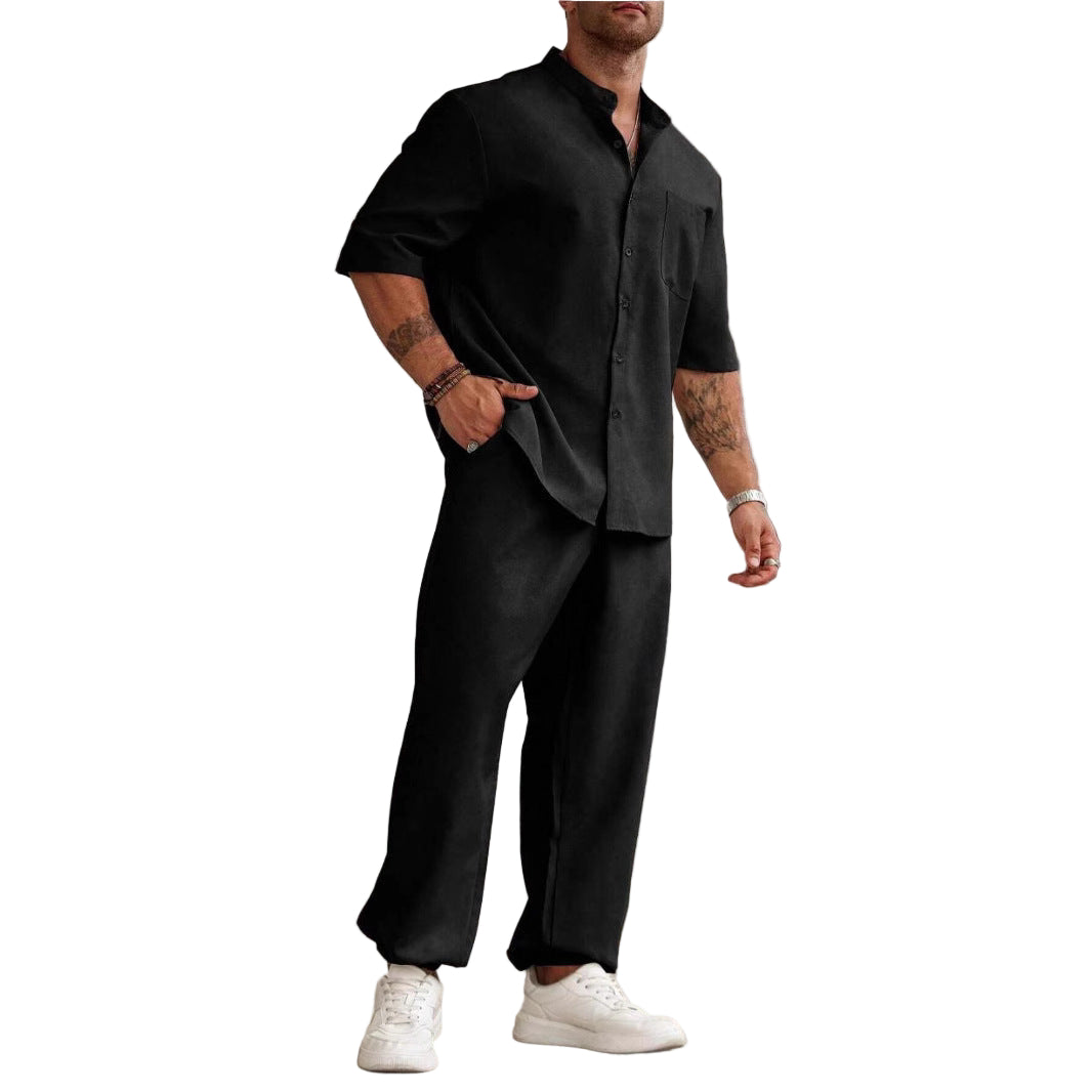Heren Casual Set Katoen Linnen Mix Relaxed Fit Korte Mouwen 0