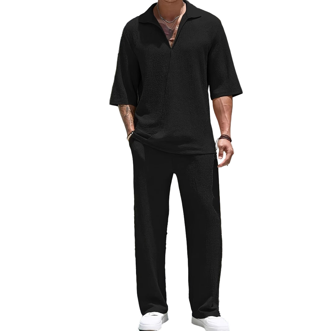 Heren Casual Set Lichtgewicht Textuur Half-Zip Shirt en Broek 0