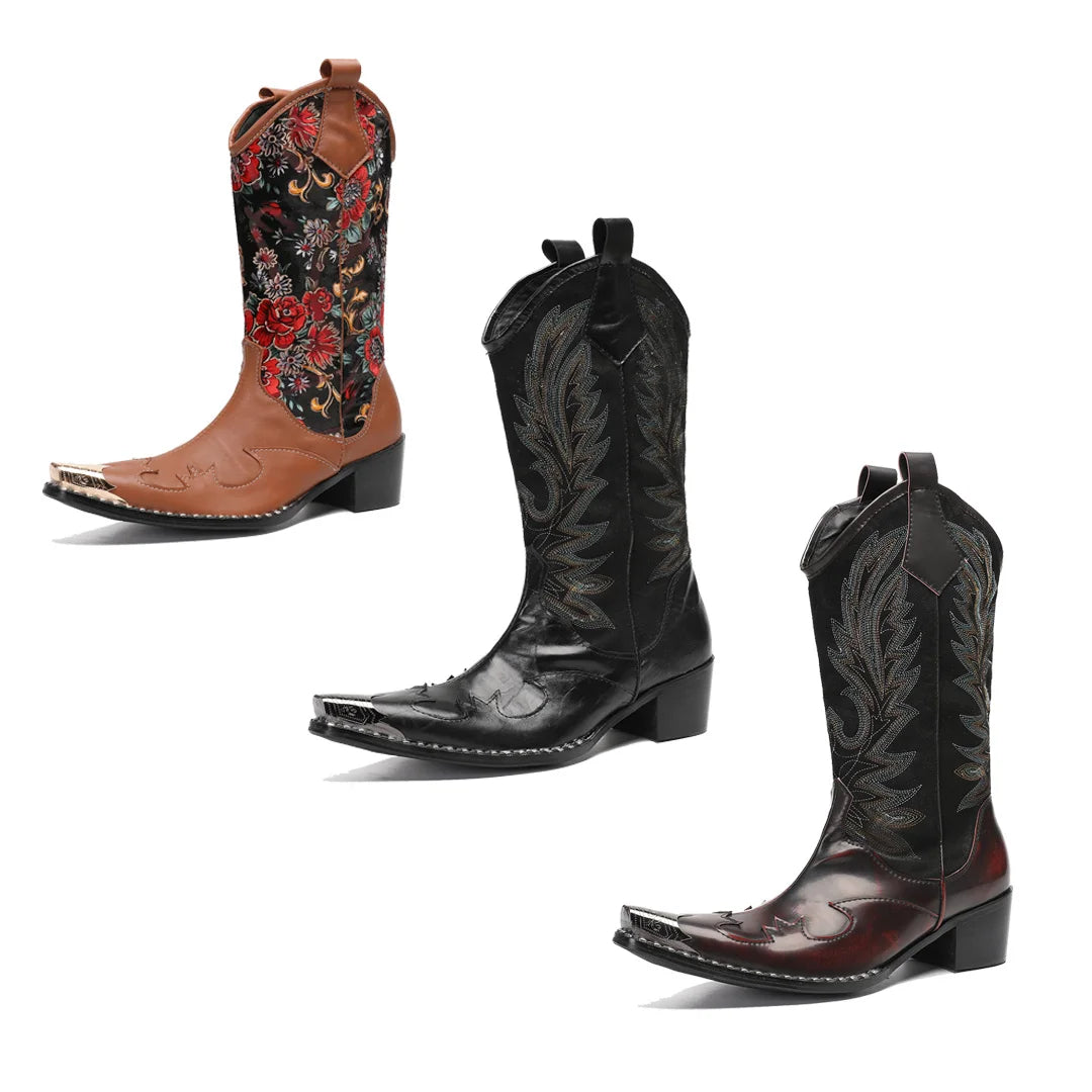 Heren Cowboylaarzen Met Borduursel En Metalen Neus Hoog Hak Design 0