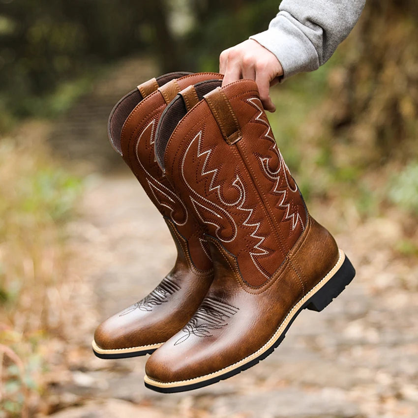 Heren Hoge Cowboylaarzen Retro Borduurwerk Comfortabel Leder 2
