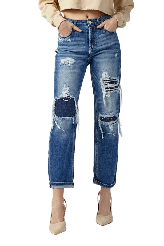 Heren Hoge Taille Straight Jeans Donker 0