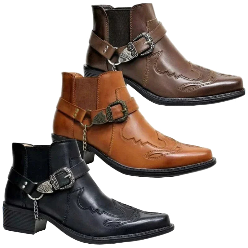 Heren Laarzen Vintage Cowboy Leer Hoog met Ketting en Gesp 0