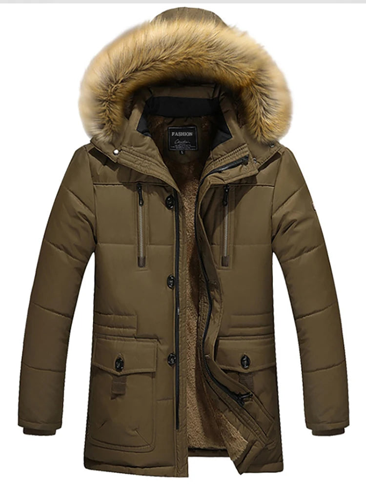 Heren Lange Jas Winter met Raccoon Bontkraag en Comfortabele Katoenen Stof 0