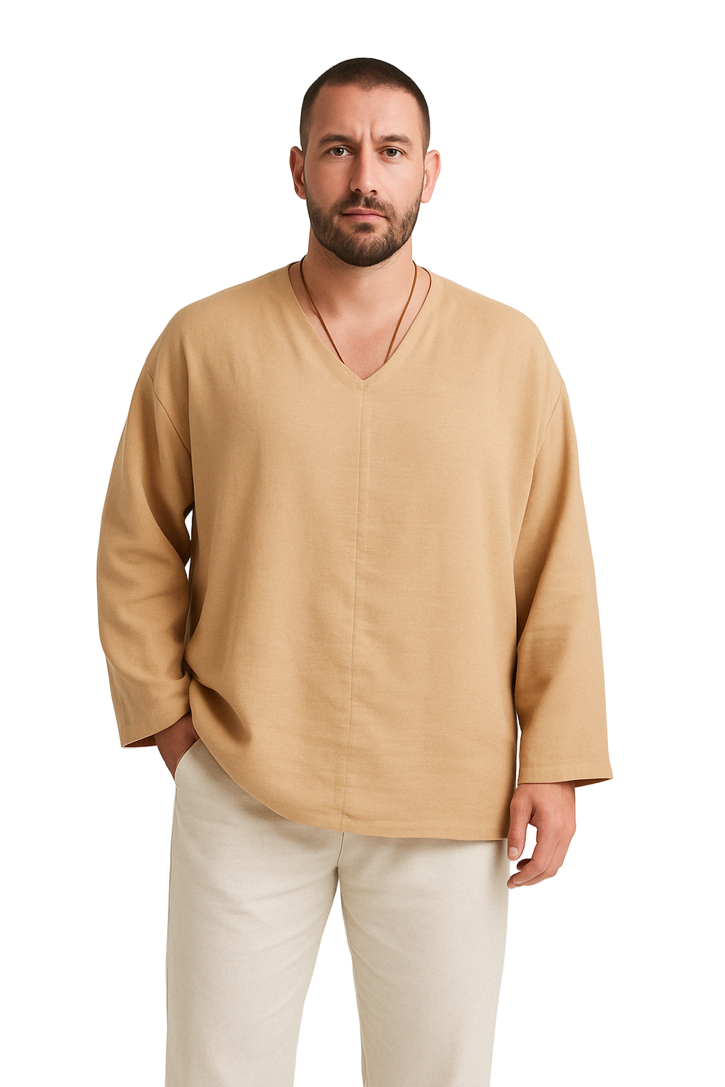 Heren Linnen Shirt Relaxed Fit V-Hals Lange Mouwen 2