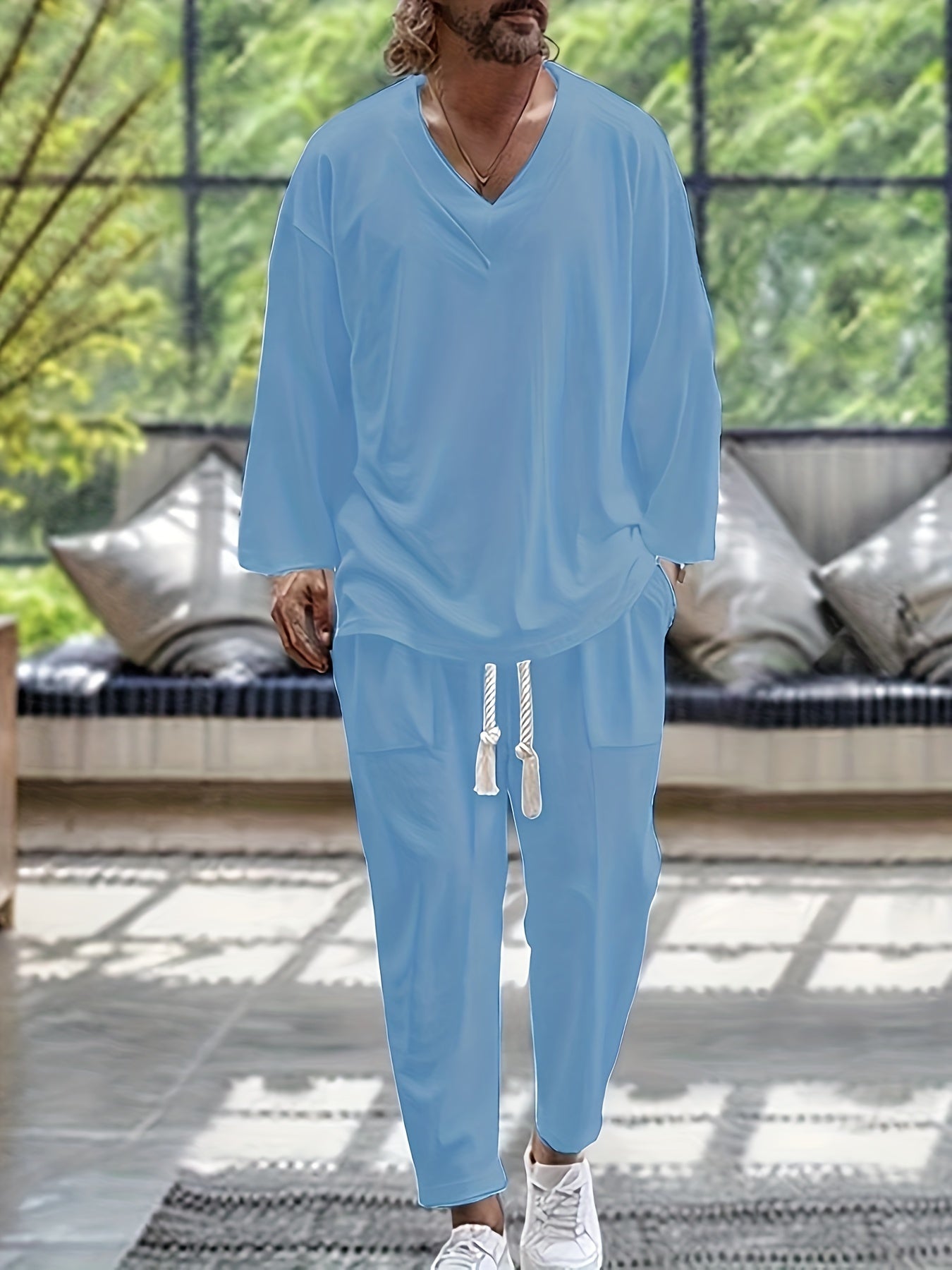 Heren Loungewear Set V-Hals Lange Mouwen Top en Relaxed Fit Broek met Zakjes 0