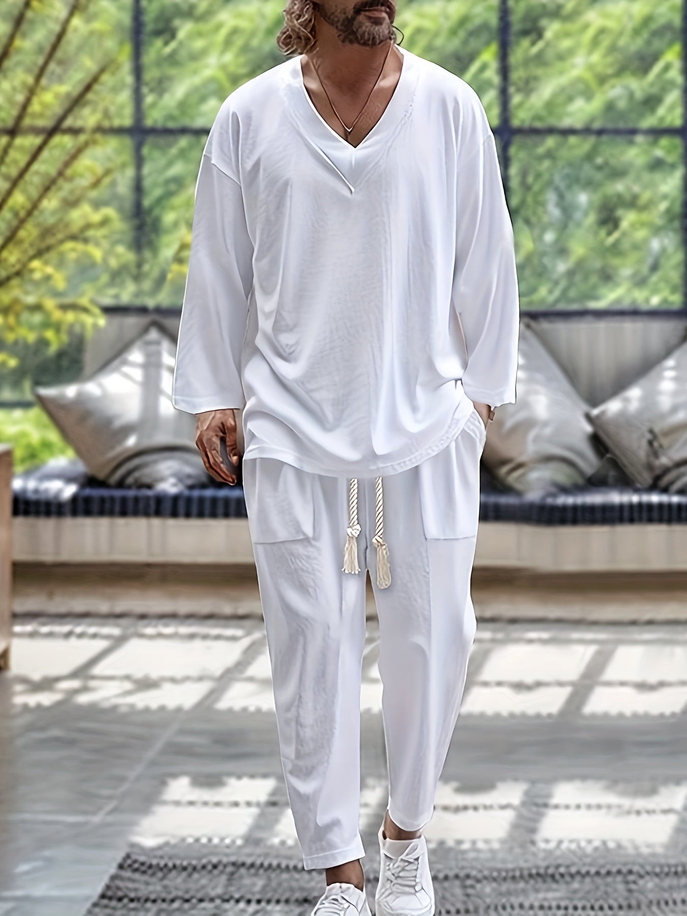 Heren Loungewear Set V-Hals Lange Mouwen Top en Relaxed Fit Broek met Zakjes 1