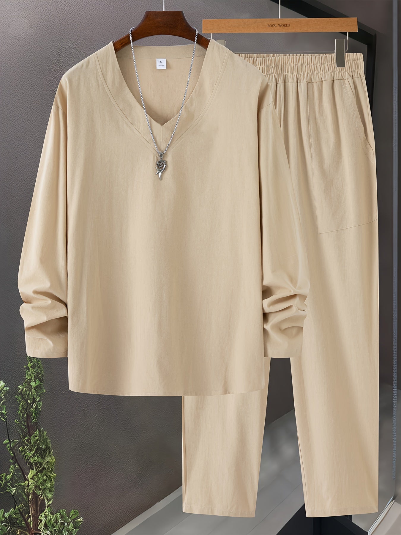 Heren Loungewear Set V-Hals Lange Mouwen Top en Relaxed Fit Broek met Zakjes 2