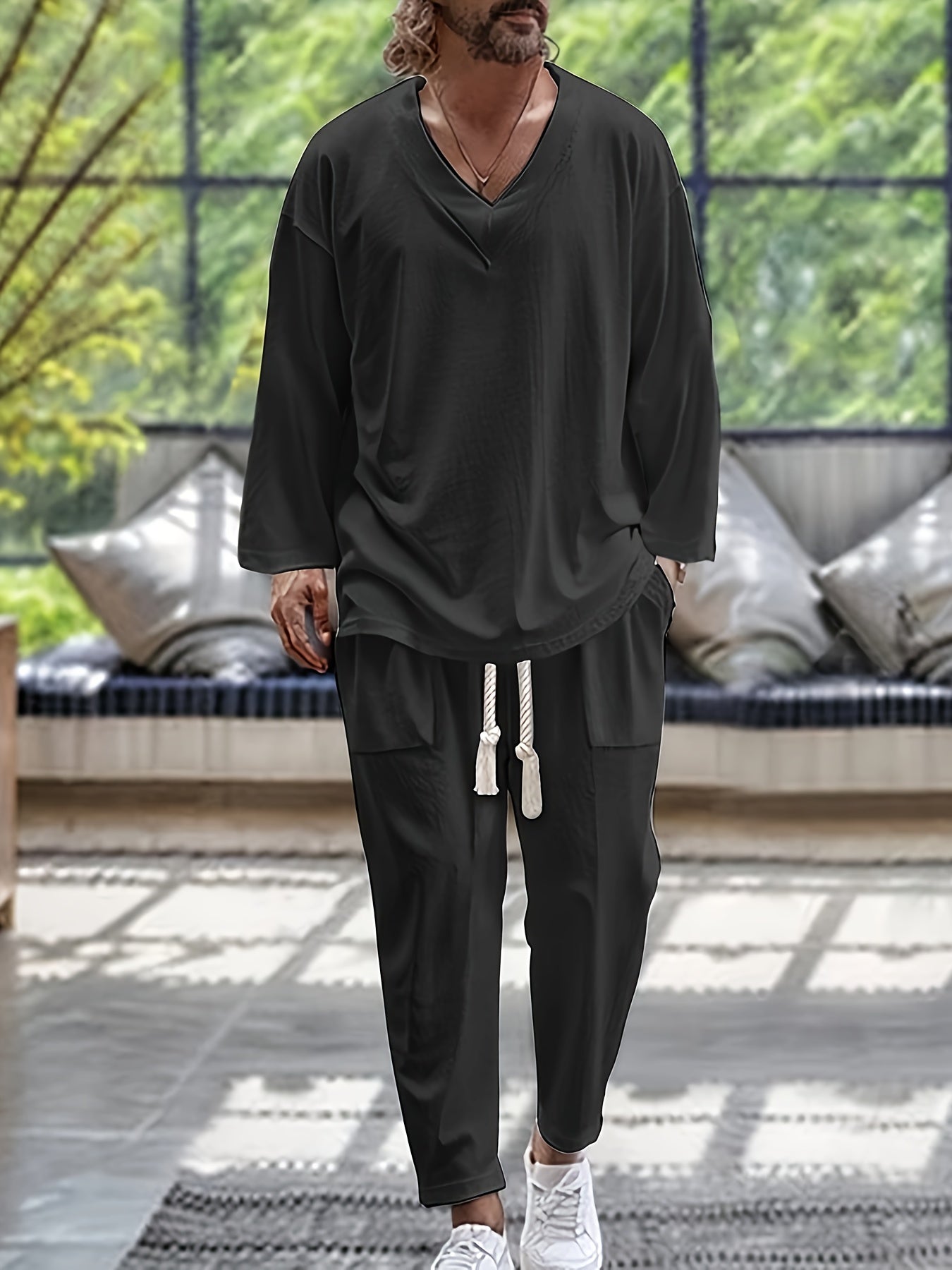 Heren Loungewear Set V-Hals Lange Mouwen Top en Relaxed Fit Broek met Zakjes 3