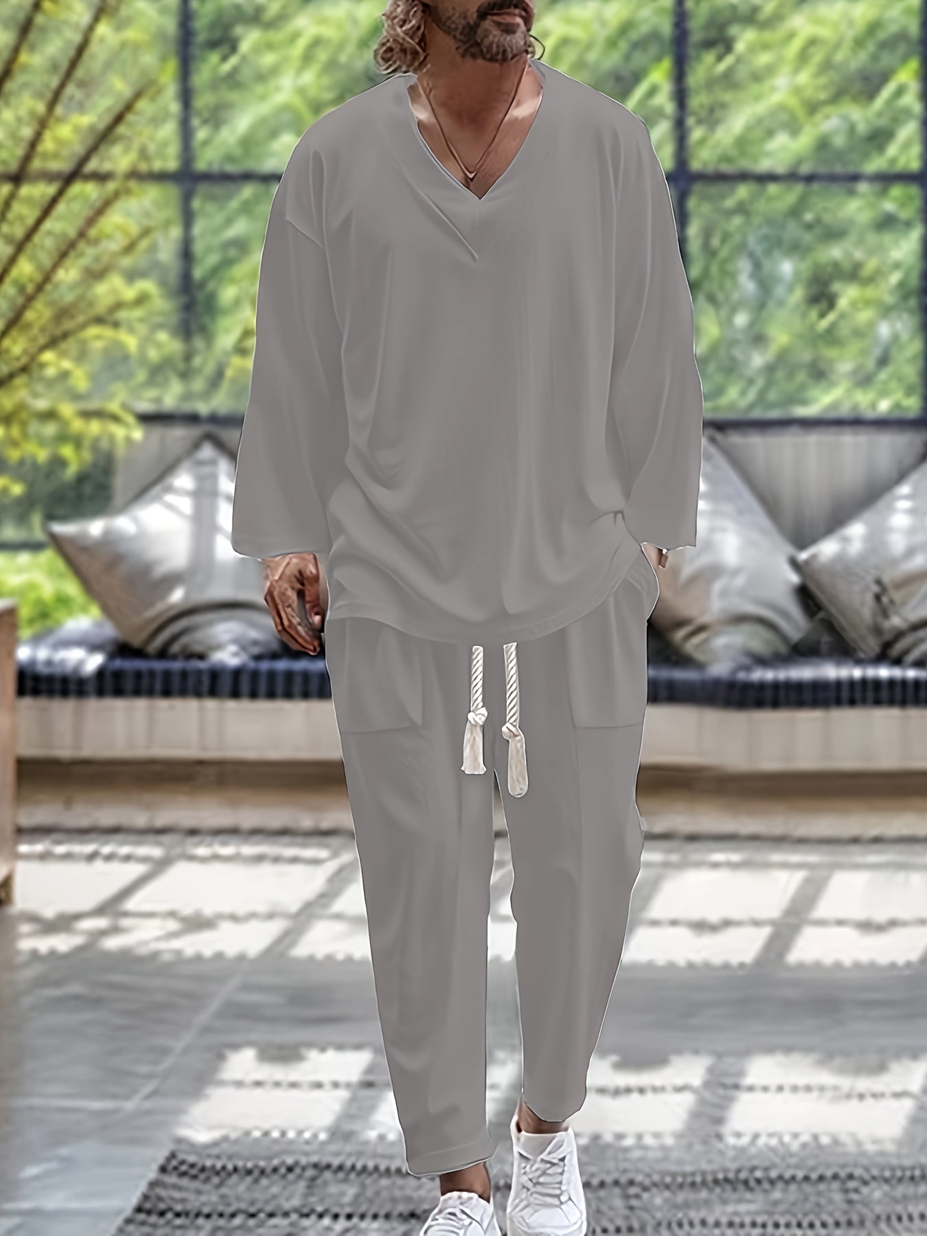 Heren Loungewear Set V-Hals Lange Mouwen Top en Relaxed Fit Broek met Zakjes 5