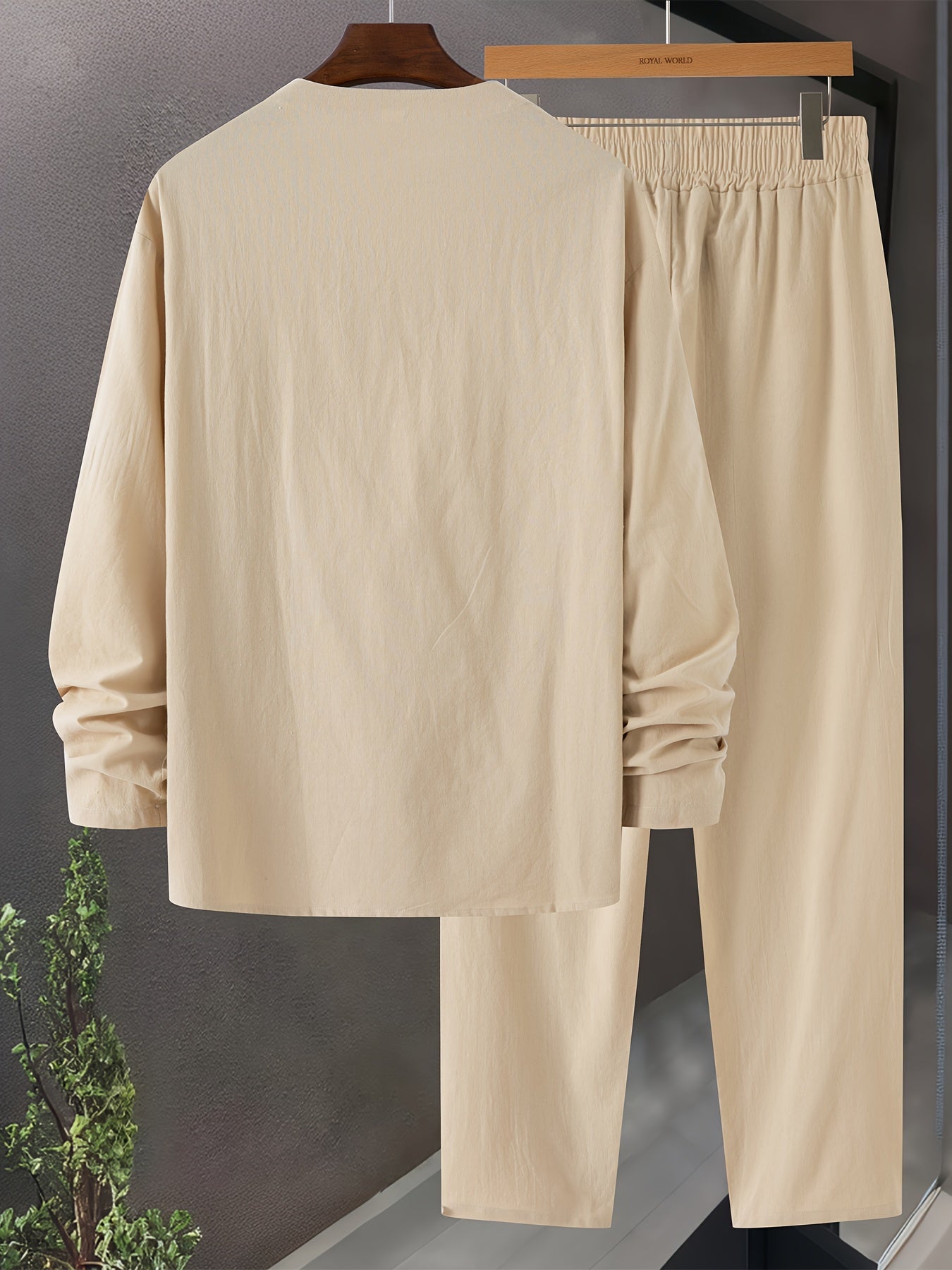 Heren Loungewear Set V-Hals Lange Mouwen Top en Relaxed Fit Broek met Zakjes 6