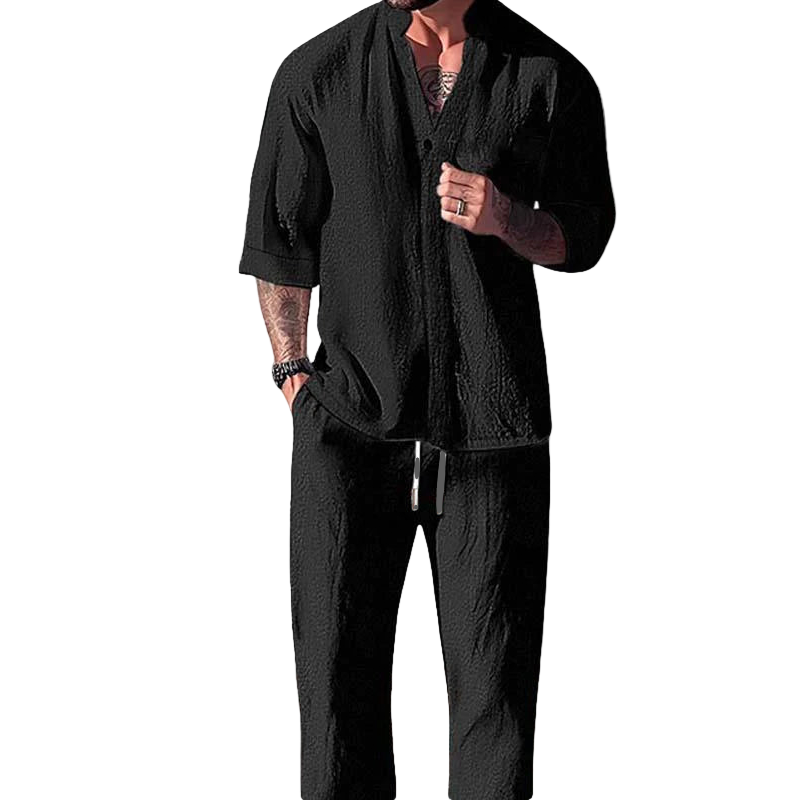 Heren Loungewear Set V-hals Lange Mouwen Katoen Linnen Mix 1
