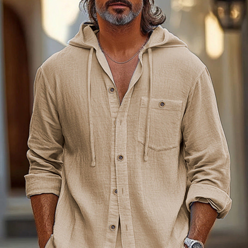 Heren Shirt Linnenmix Met Capuchon Casual Stijl 2