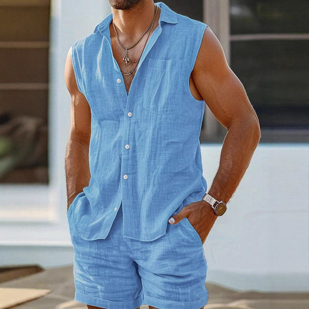 Heren Shirt en Shorts Set Katoen Linnen Casual 2