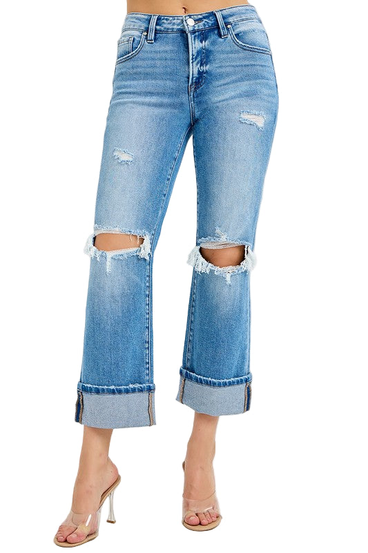 Heren Straight Cuffed Jeans Mid Rise Denim 0