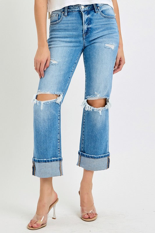 Heren Straight Cuffed Jeans Mid Rise Denim 1