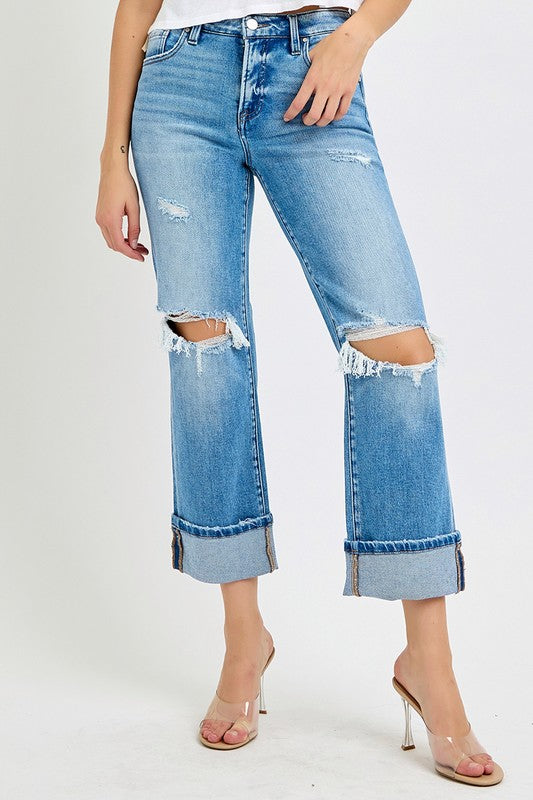 Heren Straight Cuffed Jeans Mid Rise Denim 2