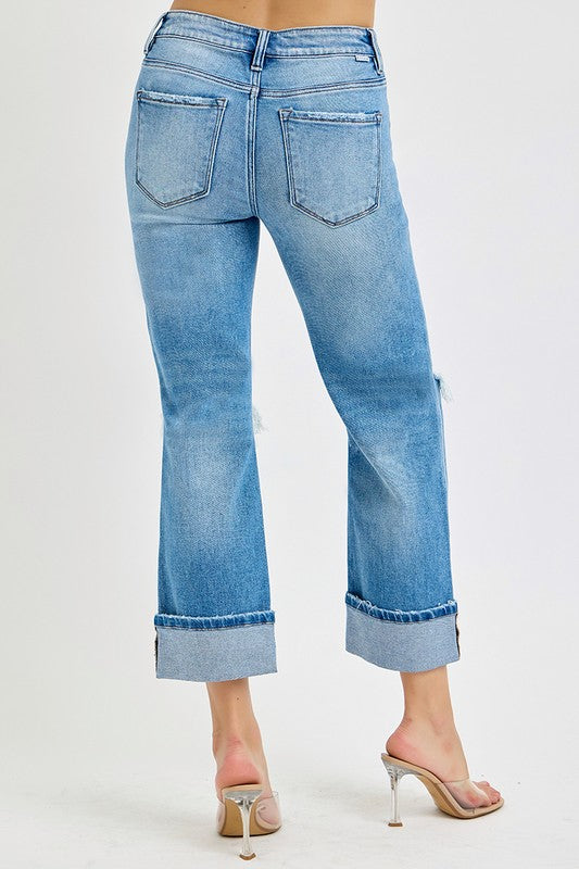 Heren Straight Cuffed Jeans Mid Rise Denim 4