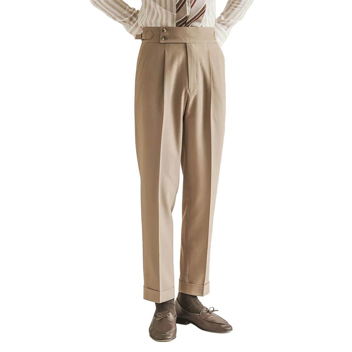Heren Tailored Broek Hoog Taille Geplooide Voorkant Cuffed Hem 0