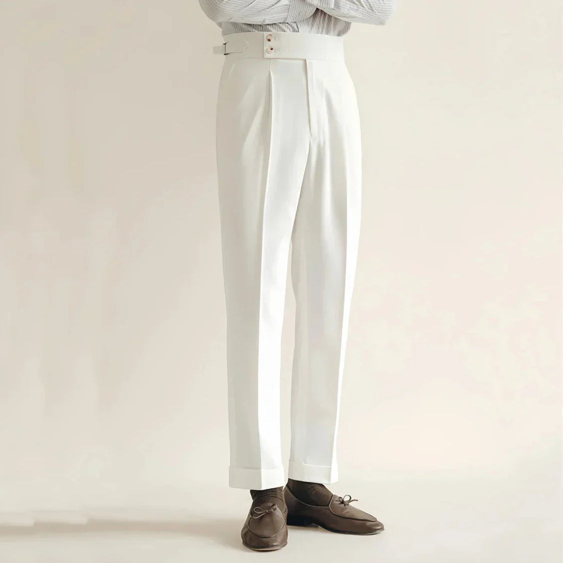 Heren Tailored Broek Hoog Taille Geplooide Voorkant Cuffed Hem 1